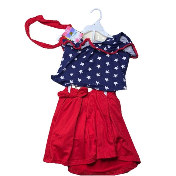 Btween Toddler Girls 3 Pc Set Red White & Blue Stars Shirt Red Shorts Size 3T - Picture 2 of 4